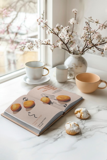 Książka kucharska i filiżanka herbaty